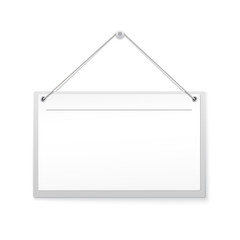 Blank hanging note, sign isolated on white background. Realistic empty canvas, banner for advertisement, ready for your design or creativity.