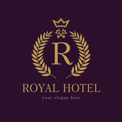 R company logo. Luxurious hotel. Coat of arms, gold colored round royalty classic symbol template. Decorative traditional branch of grapes in circle, keys and crown. Framed of palms branches icon.