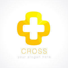 Obraz premium Medical gold colored logo. Pharmacy stained-glass plus cross in a soft shape. Tests, pharmaceutical, chemist's sign. Help symbol in multi pieces.