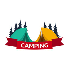 Summer camp. Evening Camp, Pine forest and rocky mountains. Sunset in the mountains. Climbing, Trekking, Hiking, Walking. Campfire.