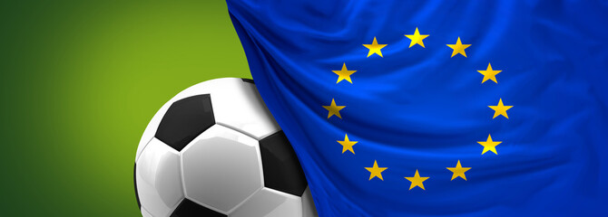 soccer football ball behind flag of Europe EU 3d rendering