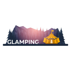 Glamping. Glamor camping. Campfire. Pine forest and rocky mountains. Evening Camp.