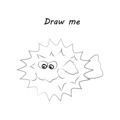 Draw me - vector illustration of sea animals. The hedgehog fish coloring game for children.