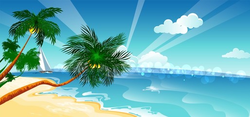 Vacation background. Beach with palm trees and blue sea.