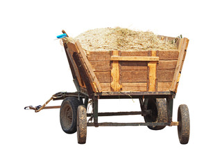 Rustic trolley, one vintage wooden cart with hay and sawdust, isolate on white background.