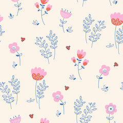 seamless pattern with flowers, leaves and ladybugs
