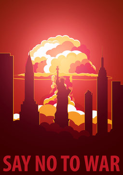 Nuclear Explosion in the city. USA Say no to war. Cartoon Retro poster. Vector illustration.