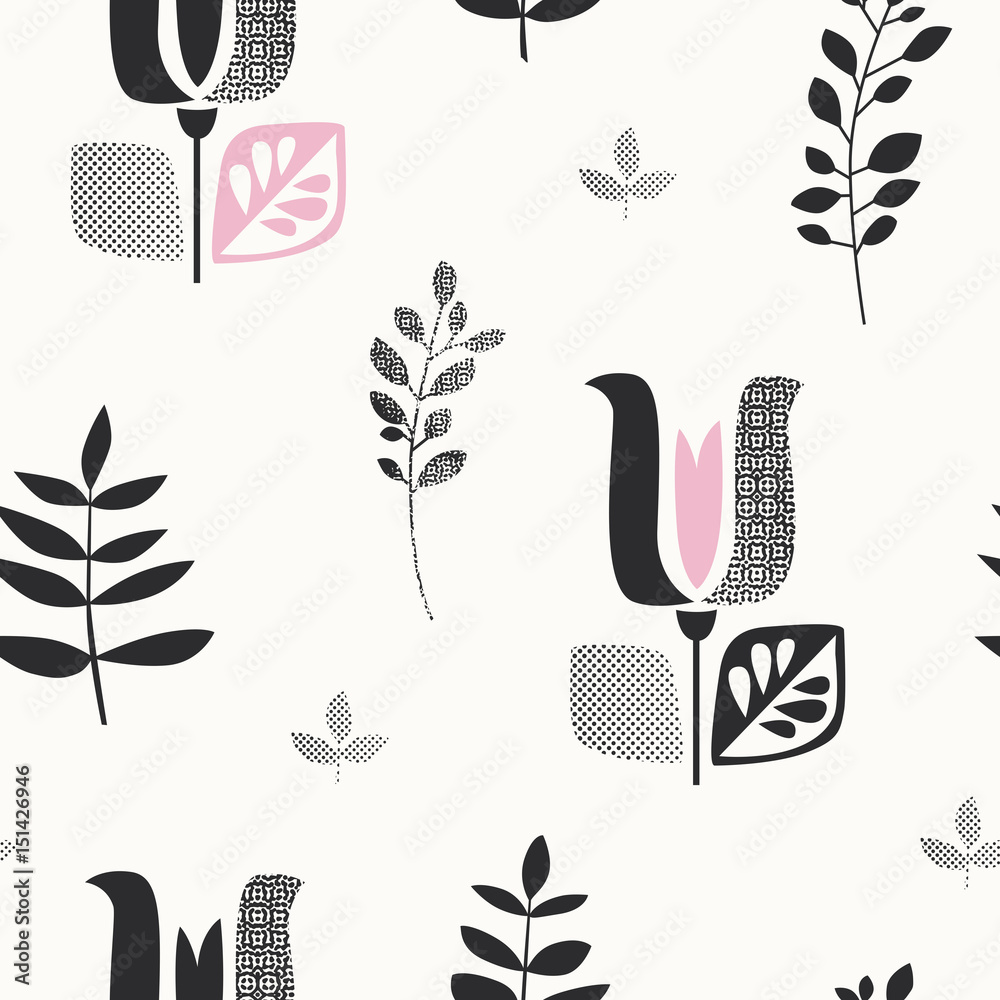 Poster seamless pattern with abstract flowers and leaves