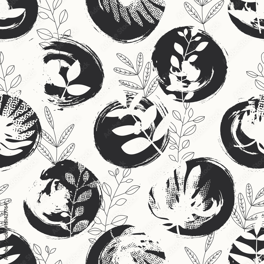 Poster seamless pattern with hand drawn circles and leaves