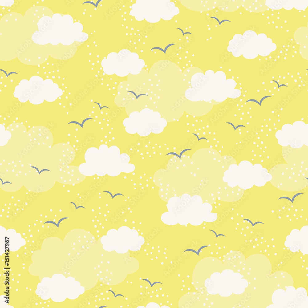 Poster seamless pattern with clouds and birds