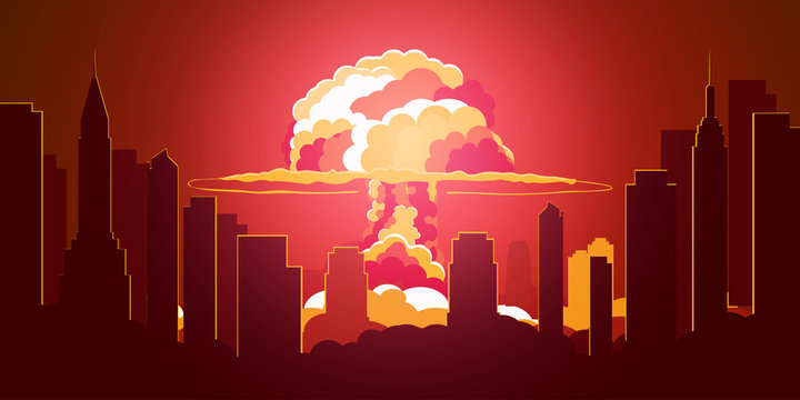 Nuclear Explosion. Cartoon Retro poster. Mushroom cloud. Vector illustration.