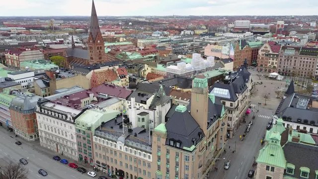 Beautiful aerial Malmo city view in Sweden with Savoy hotel, cathedral in the middle and the city center