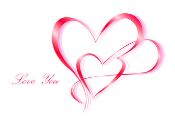 Two calligraphically painted hearts and Love You text on a white background, pink shadow, horizontal
