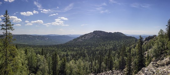 Panoramic view of the mountains and cliffs, South Ural. Summer in the mountains.