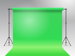 Empty photo studio. Realistic template mock up. Backdrop stand (tripods) with green paper backdrop. Gray background. Vector illustration.