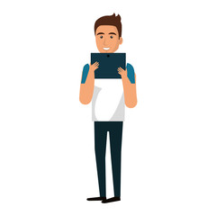 young man with tablet avatar character vector illustration design