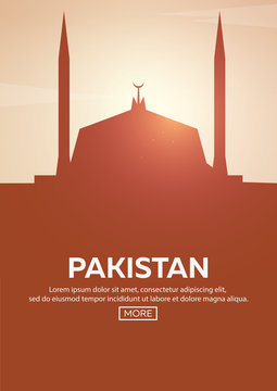 Travel poster to Pakistan. Landmarks silhouettes. Vector illustration.