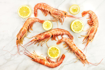 Raw shrimps with slices of lemon and copyspace