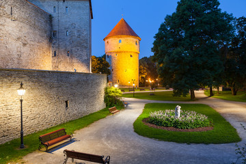Greem park near Kiek in de Kok, from Low German means Peep into the Kitchen, it is an artillery tower in Tallinn, Estonia, built in 1475. Night view.
