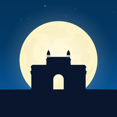 India silhouette of attraction. Travel banner with moon on the night background. Trip to country. Travelling illustration.