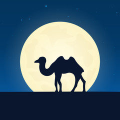 Egypt, Africa silhouette of attraction. Travel banner with moon on the night background. Trip to country. Travelling illustration.