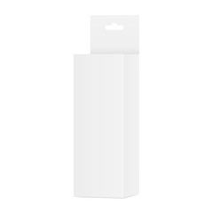 Paper box with hang tab mockup isolated on white background. Template half side view for design or branding. Vector illustration