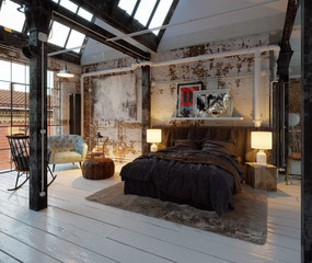 Bed in old industrial vintage Loft apartment