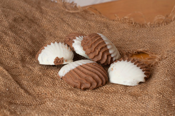 Shell shaped cookies isolated on the sackcloth texture background