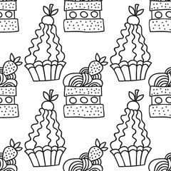 Sweet dessert illustration. Black and white seamless pattern with cakes for coloring books.