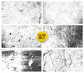 Set of grunge black and white urban vector texture template. Dark messy dust overlay distress background. Easy to create abstract dotted, scratched, vintage effect with noise and grain