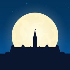 Naklejka premium Canada silhouette of attraction. Travel banner with moon on the night background. Trip to country. Travelling illustration.