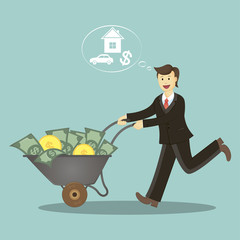 Young successful businessman. Happy young successful businessman wheels trolley with money.Vector illustration. Business concept cartoon illustration