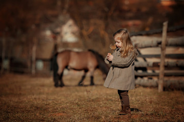 Portrait of little girl with her pony. Blonde, farm, jockey. Sunny backlight