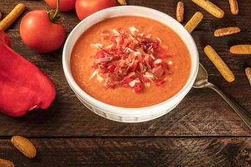 Gazpacho, traditional Spanish soup, with copy space