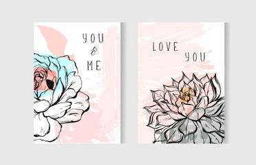 Hand drawn vector abstract creative unusual bohemian wedding save the date cards template collection set with graphic peony flowers and succulent in pastel colors.Boho Wedding,anniversary,birthday