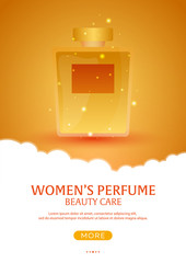 Perfume bottle. Womens Perfume. Beauty care. Template, mockup for ads, magazine, branding. Vector illustration.
