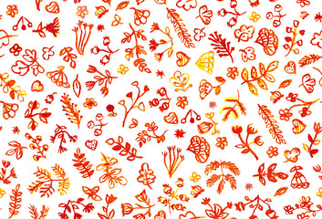 Hand drawn seamless pattern (tiling) with watercolor leaves, flowers, and branches. Isolated objects on a white background. Floral clip art