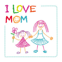 Vector Children`s drawing by hand postcard Mother's Day Gift from the child, Son, Daughter Sketch simple multicolored