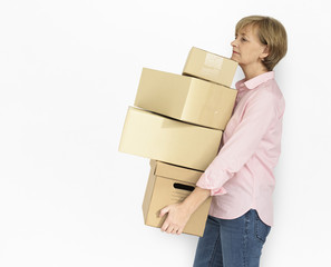 Senior Adult Woman Carrying Box Parcel Package