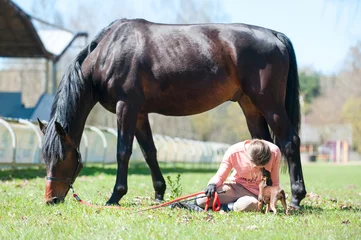 Fotobehang Young teenage girl sitting close to her horse on grass © AnnaElizabeth