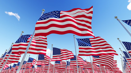 Flags of America USA against blue sky. Three dimensional 3D rendering illustration.