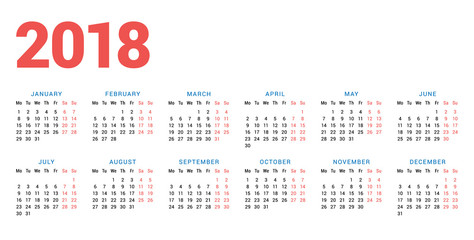 Calendar for 2018 Year on White Background. Week Starts Monday. 6 columns, 2 rows. Simple Vector Template. Stationery Design Template