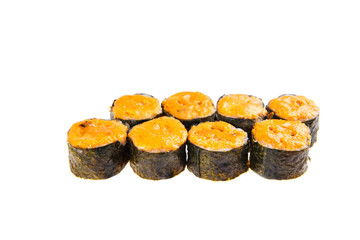 Set of Baked Fukuoka-rolls with eel, cheese, green onion and spicy sauce