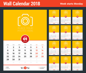 Wall Calendar Template for 2018 Year. Vector Design Template with Place for Photo. Week starts on Monday. Portrait Orientation