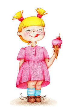 hands drawn picture of little girl in pink dress eating cherry ice cream by the color pencils
