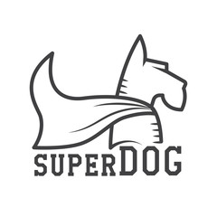 Superdog logo or label template. Super dog hero in heroic cape logotype in line design. Scotch terrier in cloak.