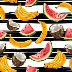 Materiał do szycia Seamless pattern with tropical fruits on striped background. Vector illustration.