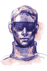 colored ballpoint pens to a portrait of a man in sunglasses