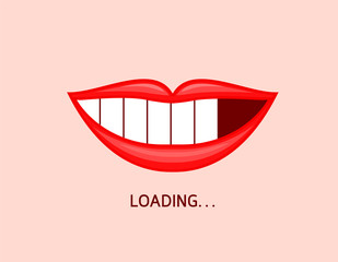 Loading icon on mouth shape. Smiling with whitening teeth. Dental care concept. Vector illustration isolated on black blackground.