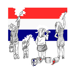 Gezin schildert vlag in nationale kleur van Nederland